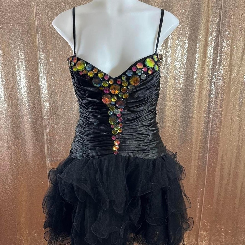 Black Ruffled Mini Dress Colorful Sequin Embellished Party Glamour/Size XL